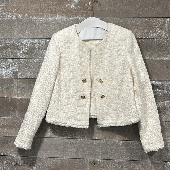 Calvin Klein Cream open front Tweed blazer size 12P - Picture 2 of 10